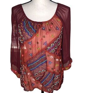 Lucky Brand Maroon Sheer Beaded Boho Top Size S
